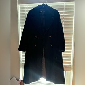 Zara Black Double-Breasted Wool Coat Oversized